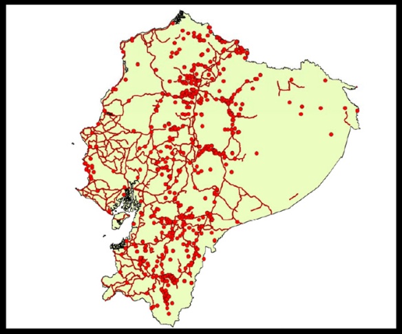 Almost all georeferenced collections of endemic plants were made within 750m of a road! Map by Lorena Endara. 