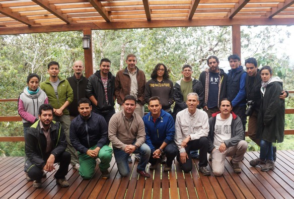 The amphibian specialists who updated the threat categories of Ecuadorian frogs at San Isidro. Left to right, back row: Raquel Betancourt, Diego Cisneros Heredia, Paul Szekely, Mauricio Ortega, Marcelo Tognelli, Carolina Reyes, Jorge Rodriguez, Juan Pablo Reyes, Salomón Ramírez, Mario Yánez Muñoz, Patricia Bejarano. Front row: Juan Carlos Sanchez, Luis Amador, Mauricio Rivera Correa, Paul Gutierrez, Bruce Young, Jorge Brito. Juan Pablo Reyes, fourth from the right, is our reserve manager, and one of our directors, Mario Yanez, is second from the right. Photo: Bruce Young.